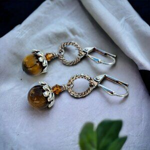 Tigereye Bead Accented with a Twisted Silver Jumpring Earrings